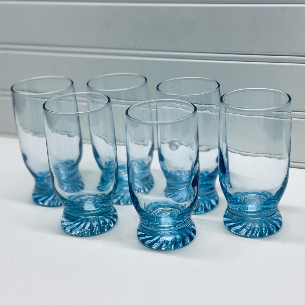 Set of 6 Clear Blue Juice Glasses with Twisted Swirl Base 4” (1950’s to 1970’s)